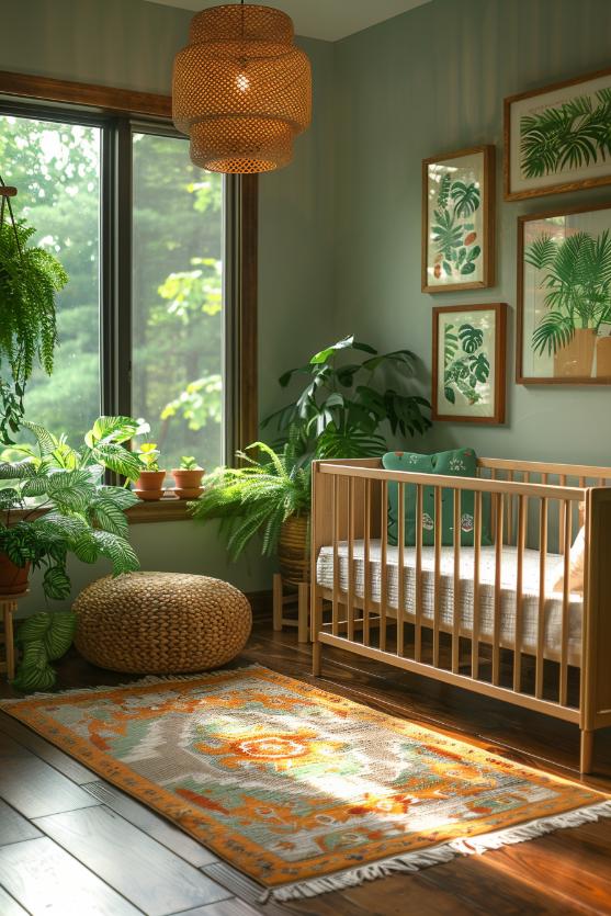 Infusen the kindergarten with lush green and botanical prints to create a chic urban jungle atmosphere in a calming, <a href=