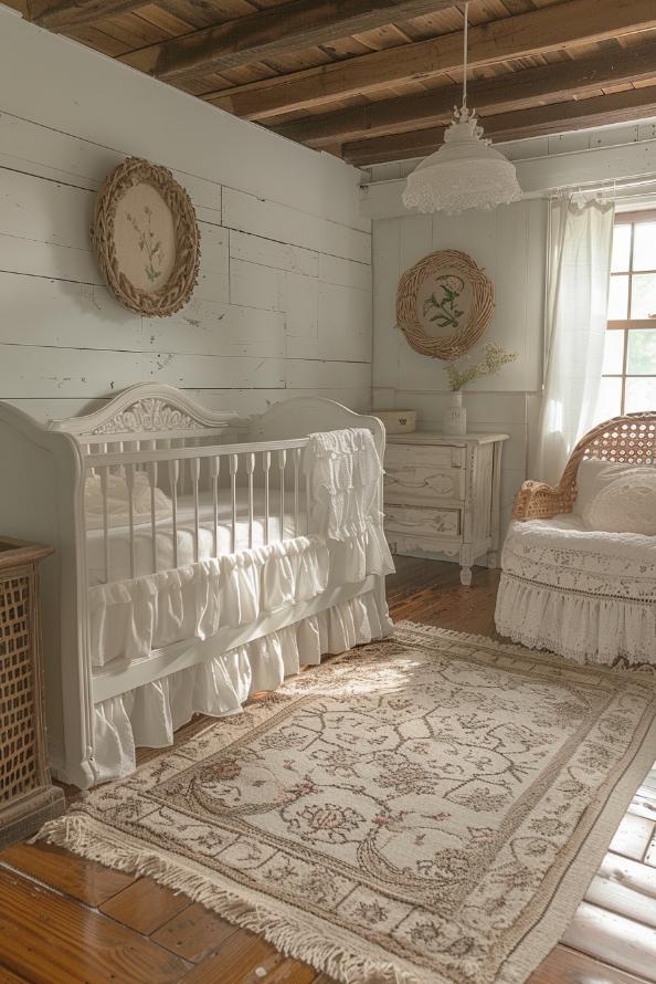 Improve the kindergarten with delicate lace and ruffled textiles to create a peaceful retreat in a gentle, neutral color palette.