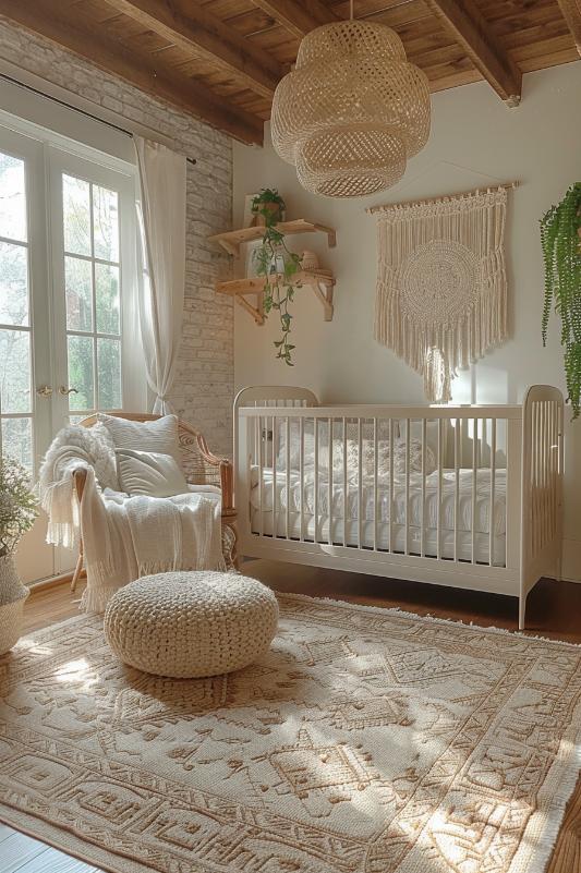 Improve the kindergarten with soft, Bohemian vibes through neutral crochet and marginal details and add complicated textures to the quiet background.