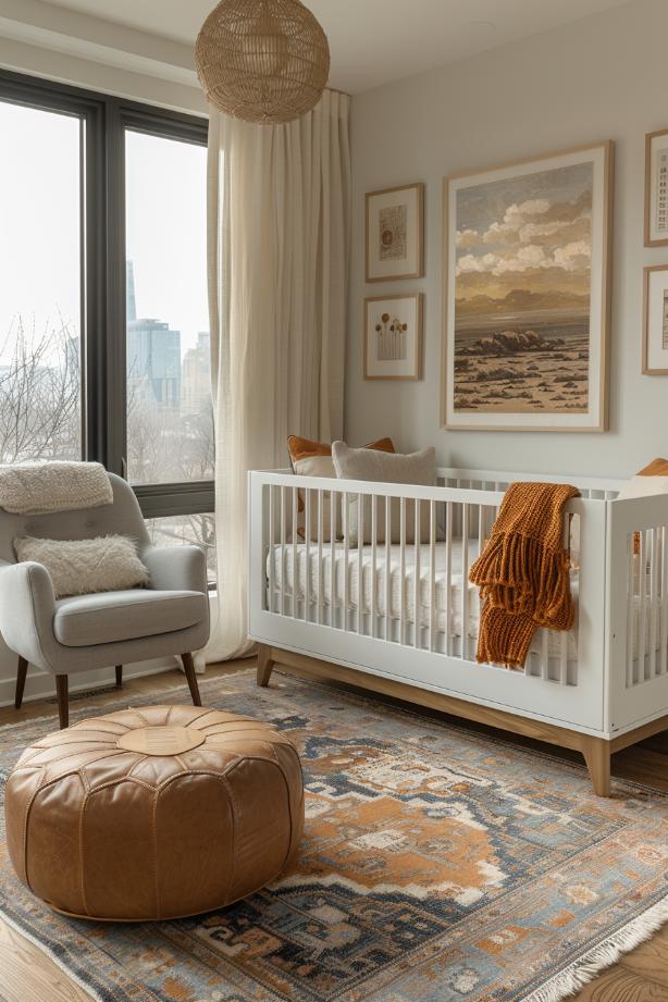 A curated gallery wall is reminiscent of artistic expression in this kindergarten with nuanced neutral tones and creates a beautiful room for art-loving parents.