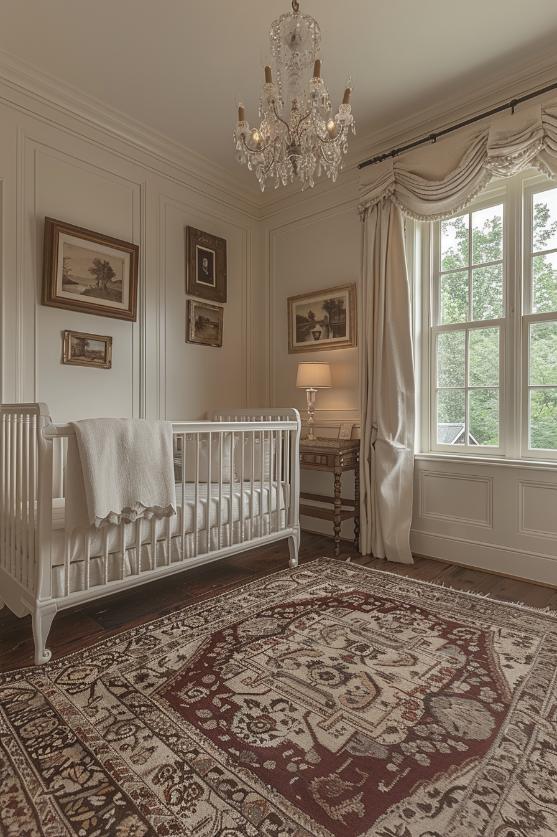 Waterfall evalances and vintage photos in decorated frames weave a traditional design wall carpet on the walls, timelessly against the background of a neutral kindergarten with a white crib.