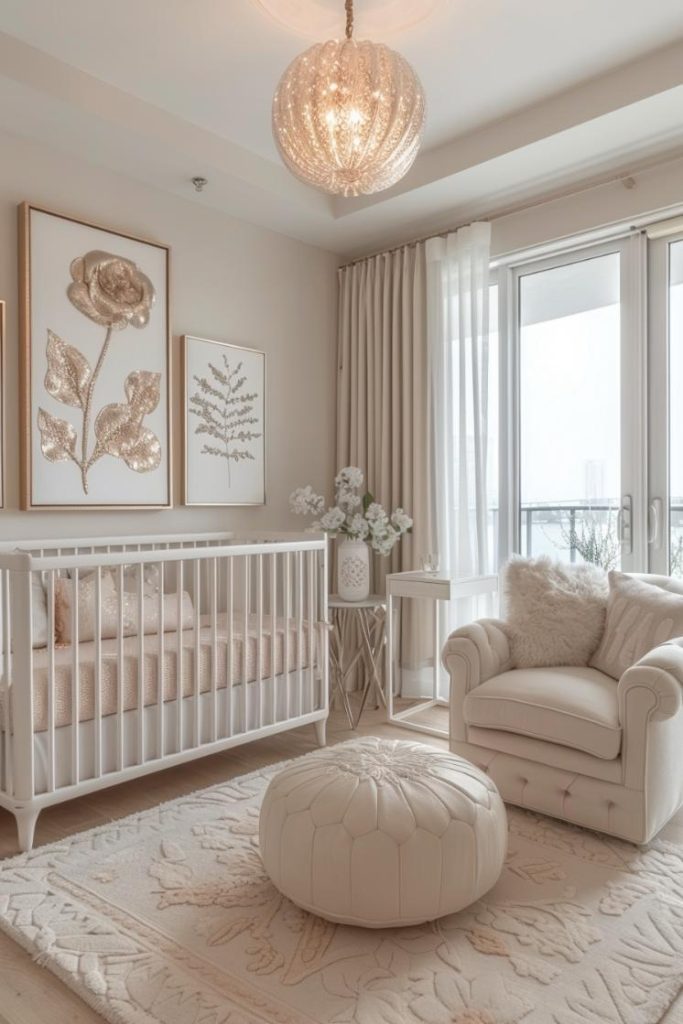 Flower art gently dances over the walls and transform this neutral kindergarten into an elegant wonderland for your sleepy baby.