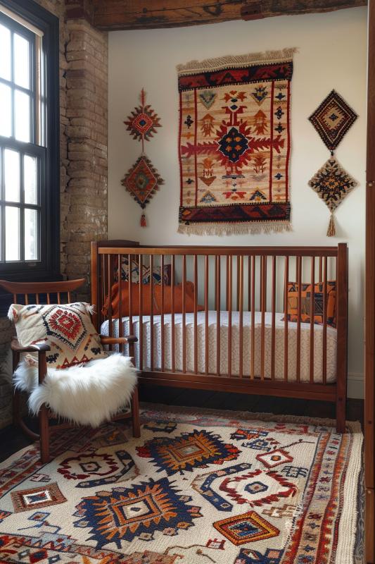 Infusen the kindergarten with global fusion flair by using regular textiles and complement the calm neutral color palette of brown, white and beige.