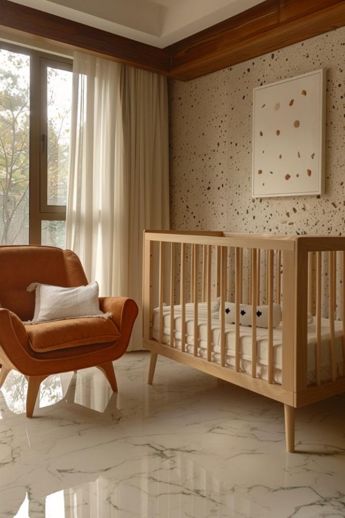 Increase the kindergarten with an earthy elegance by involving Terrazzo wall tiles and marble floor and refining the room with a spectrum of neutral tones.