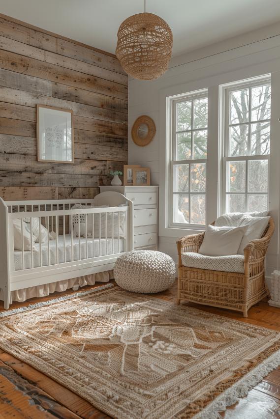 White and wooden Shiplap wall panels give this kindergarten with a modern farmhouse -appell that is set against a cool cream and beige palette.