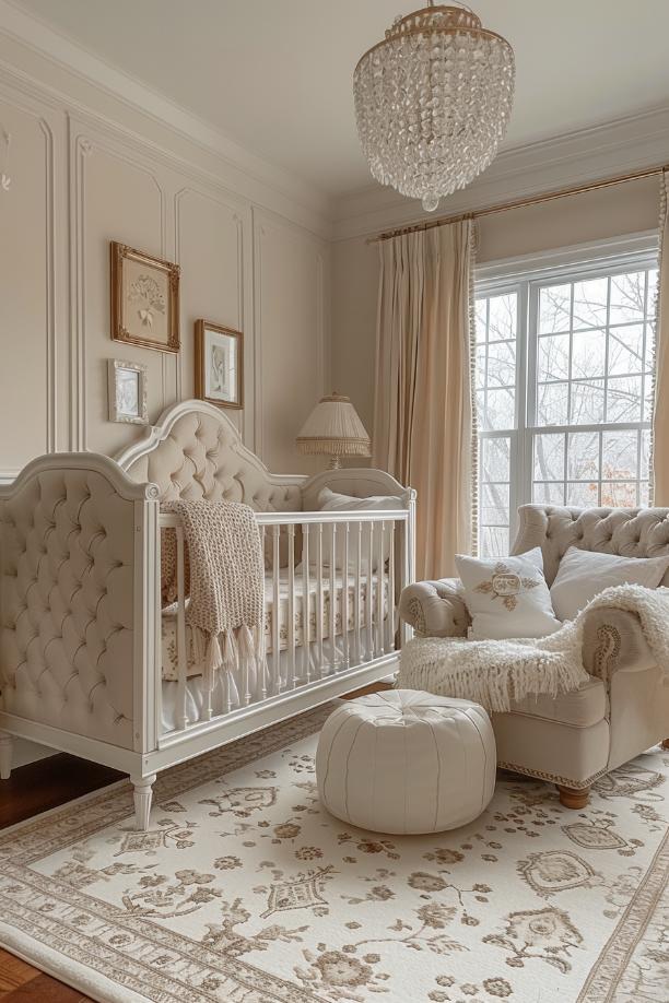 Neutral velvet textiles in combination with a pretty crystal chandelier give the neutral elegance of this kindergarten a touch of vintage glamor.