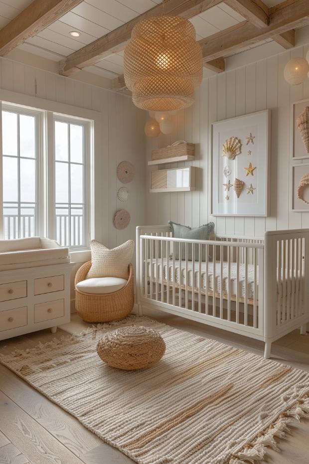 Rattan furniture and delicate shell details such as pretty mussel art over the crib cultivate a boho atmosphere on the coast against a soothing neutral kindergarten gardener.