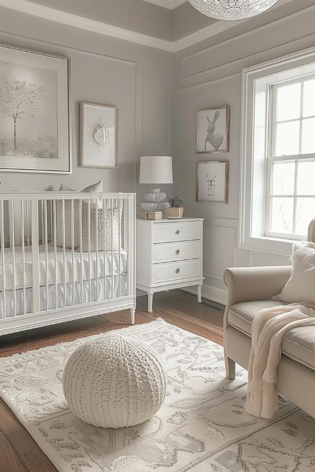 Soft silver accents underline this minimalist send kindergarten in light gray and white and white and increase the neutral color history with reserved elegance.