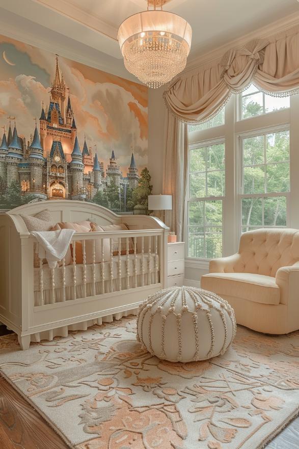 Soft, fairytale elements such as a castle wall painting and decorated furniture, which were designed in a number of subtle, neutral colors.