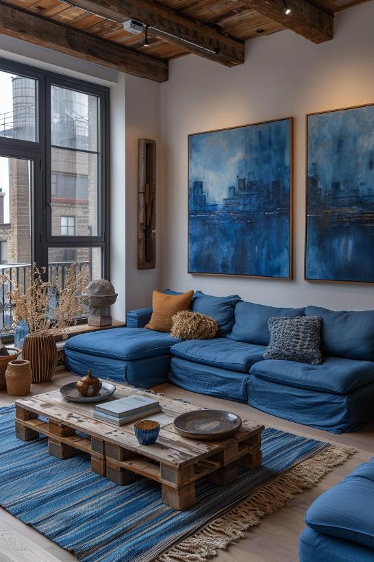 Deep blue shades and wooden tones inject over this living room and remind you of coastal trees and waving waves. A carpet made of blue striped area completes the appearance and channeles the liveliness of the ocean.