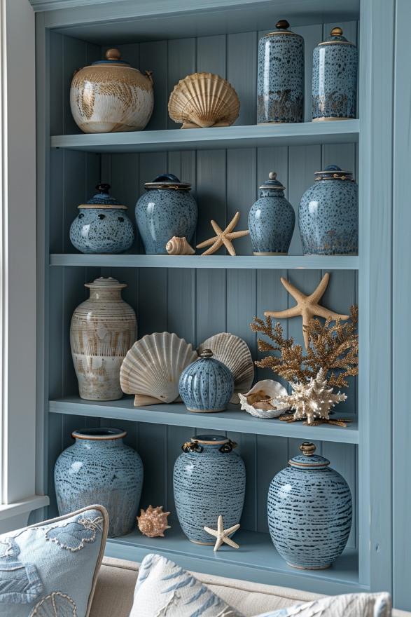 Shelves that are adorned with maritime jewelry in blue -hedged celebrate the treasures of the ocean. Mussels and navals are also added to the decor to bring the house even closer to nature.