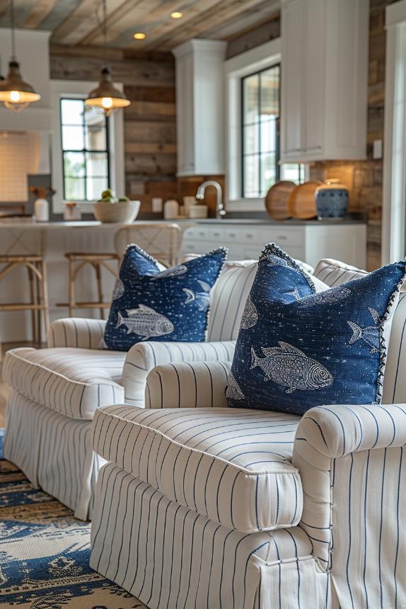 Crunchy, clean nautical stripes on the armchairs weave a pleasant maritime dream, supplemented by white and blue pillows with designs of different sea creatures. This gives everyone who is sitting in the chairs a beautiful oceanic hug.