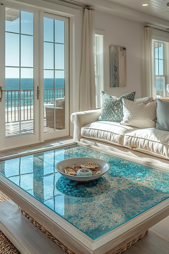 A coffee table with a glass top with shimmering pearls reflects light through the translucent, sea -looking colors. It adds exactly the right shade of the coastal magic, and it is so brave and alive that you don't have to add much.