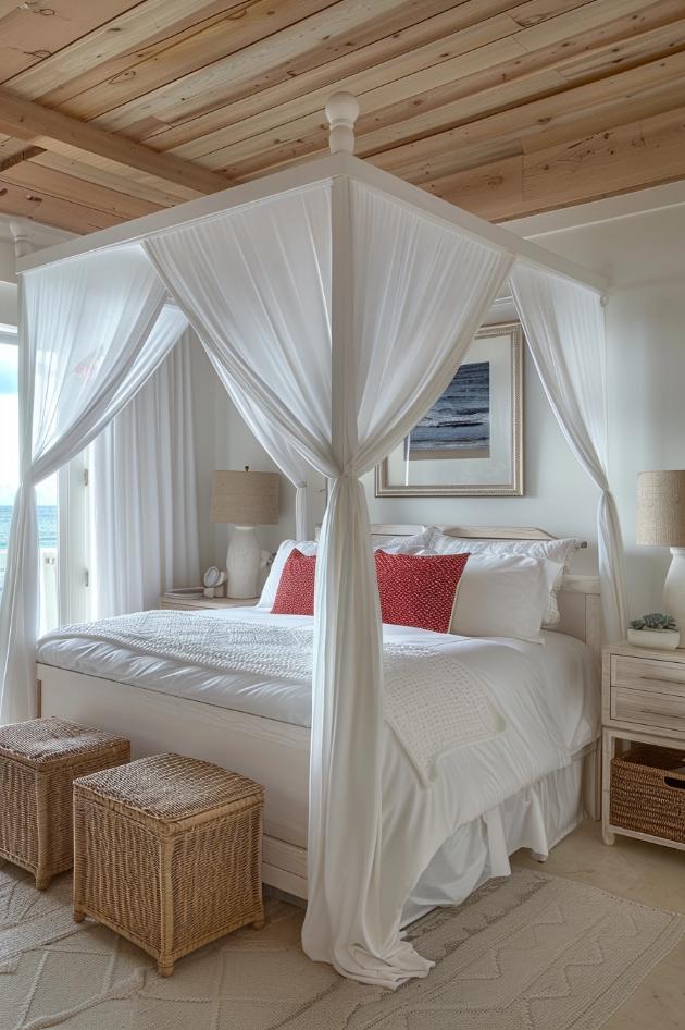 Light and airy roofs in soft white floats over the bed and wake up in the breeze out of the balcony, which creates an essential retreat on the coast, in which you can drift to the sound of waves.