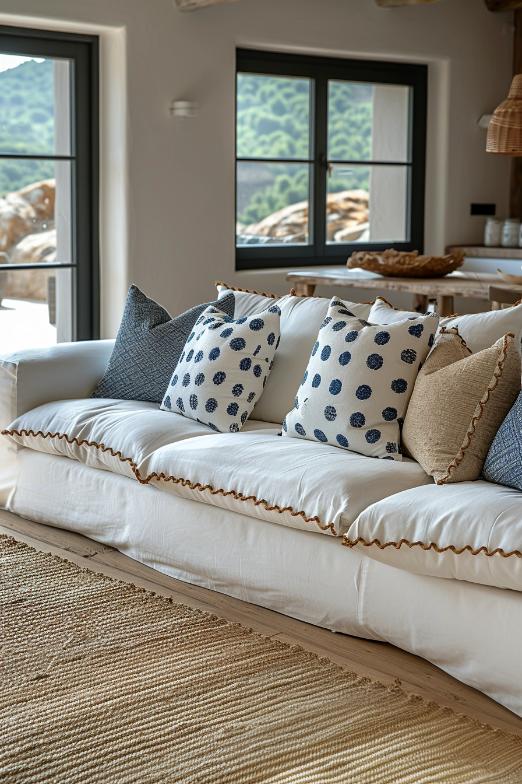 Playful patterns on decorative pillows mix with the warmth of the brown pillow cushions and form a room that sings moody from the coast.