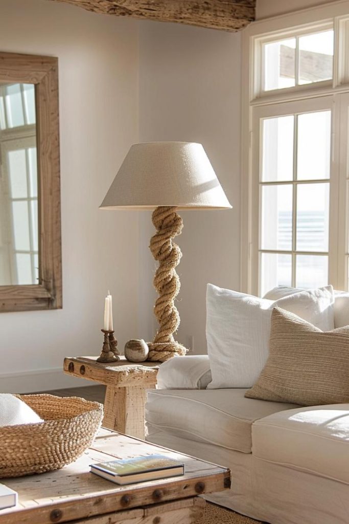 Rope details on lamp bases and mirror frames lend to a nautical turn and harmonize with light wooden surfaces that reflect the driftwood on the shore.