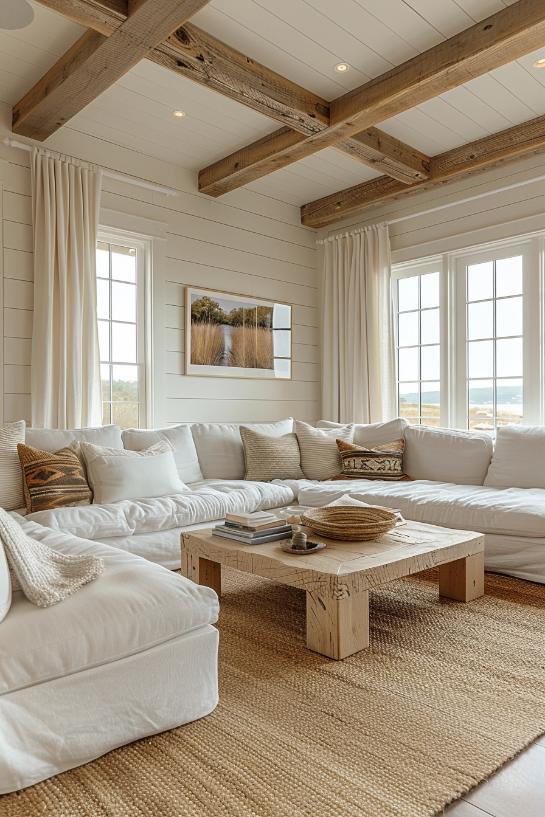 A reserved shipap wall offers an allusion to the coastal architecture without being too overwhelming. It harbors the design of the room in simplicity and lightness and is a great screen for photos, coastal furniture or works of art by the sea.