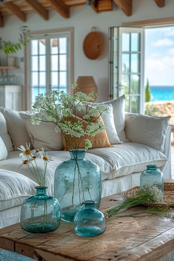 A collection of pale green leaves and coastal flora in tinted glasses introduces natural elements that breathe life into the airy palette of space.