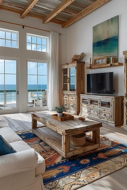 Furniture with weathered wood radiates the charm of a bungalow on the beach, the imperfections tell stories about the sun and salt air.