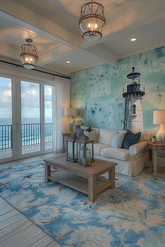 A mural of a lighthouse and vintage lantern leads the coastal topic with its picturesque charm and its soft glow.