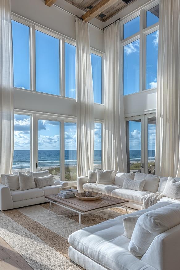 Long, flowing curtains in the whispering white wagn in the breeze to look at windows to frame that look out on the prospect of an endless beach.