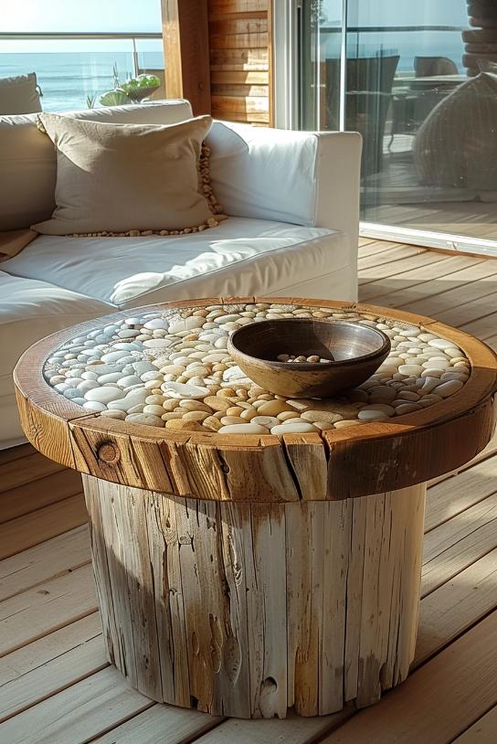 Tiny pebble stones in a bowl that is tenderly arranged on a coffee table with a pebble stick, offer a structured homage to the gravel paths that lead to hidden beaches.