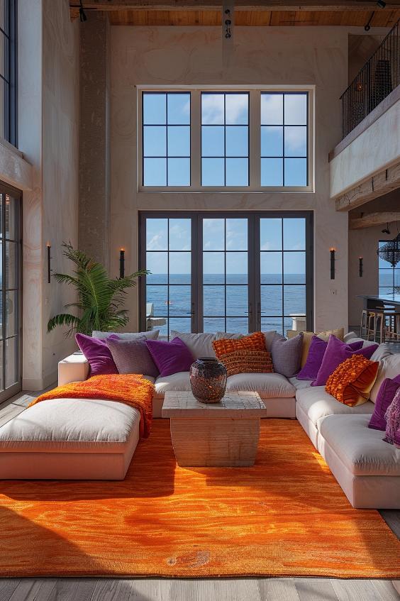 Cushions and throws grasp the radiant colors of a sunset on coasts, with warm oranges, pink and purple that melt into the decor of the room.