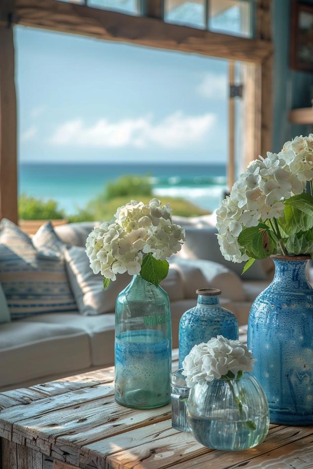 Vintage glass bottles, such as those who wear news at sea, now find their place as vases full of white flowers.