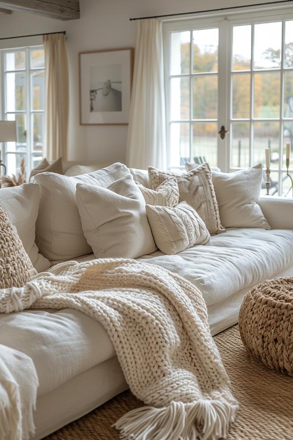 Chunky rope throws neutral creams and sand paints in front of chairs, such as nets that are freshly pulled out of the sea, warm and inviting.