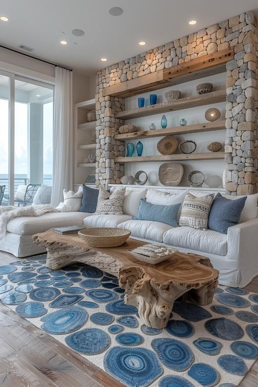 Presentation of various beach finds, from Driftwood to Seeglas, turn fireplaces and table tops into a mosaic of coastal wonders.