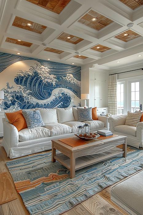 Waves that are illustrated on wallpaper catch the waves and rhythms of the ocean and give the space with a feeling of constant movement.