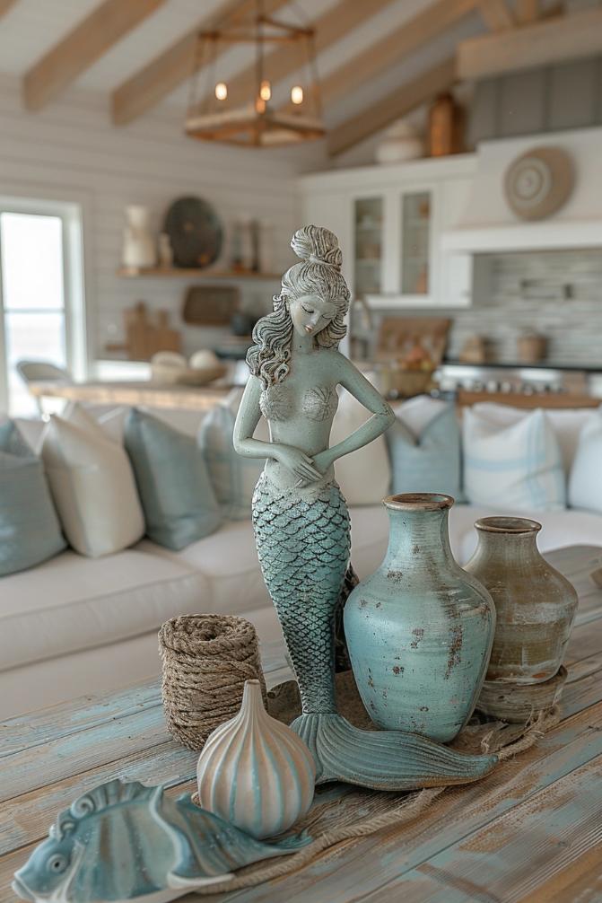 A mermaid sculpture brings an element of mythical mysticism to the simplest surfaces and the colors are reminiscent of the coastal tests.