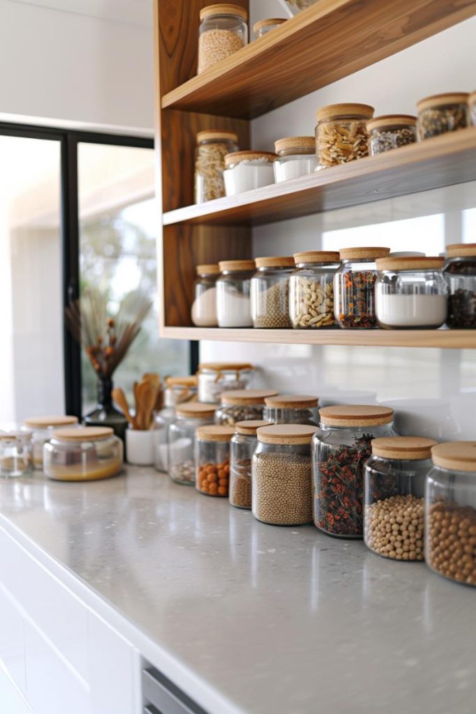 Unique glass glasses stack on a minimalist counter and show a variety of depths with the pantry, with a great combination of shape and function being presented.