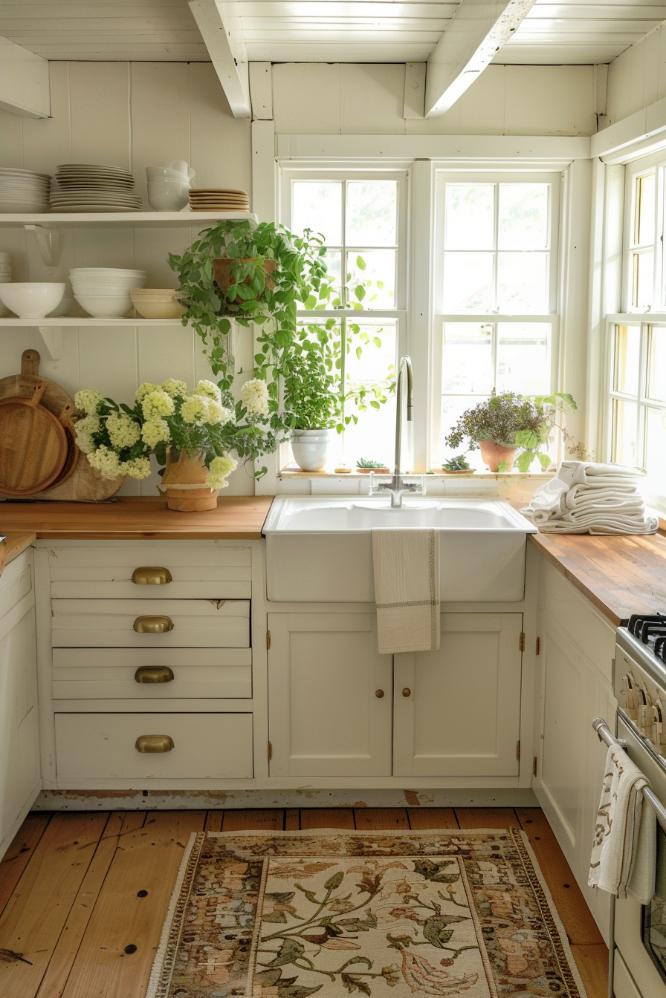 In a kitchen with land charm, vintage tea towels, folded on the worktop and draped on the oven door handle. They give the <a href=