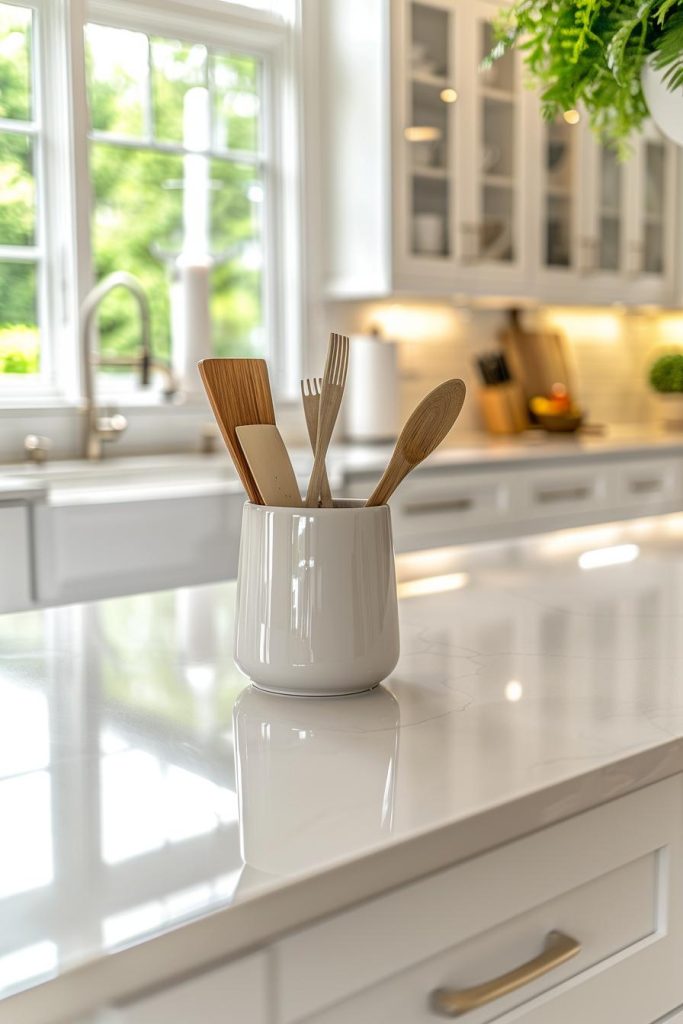 In the midst of contemporary kitchen counters, a crispy white porcelain angle weighs a collection of spatulas that mix the functionality with highly developed design.