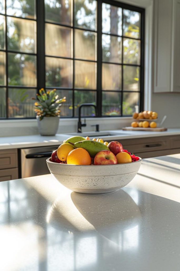 A series of sun -drenched fruits in a bowl offers a splash of lively colors and textures that give the cheerful ambience of the kitchen. You can continue to change the fruits with the fruits in the season to give the room a seasonal grade.