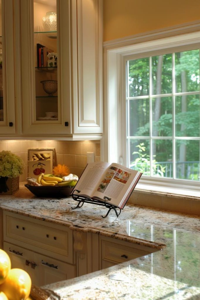 An estimated cookbook is open on a stand. On his pages, culinary inspiration on a polished worktop in a traditionally decorated kitchen.