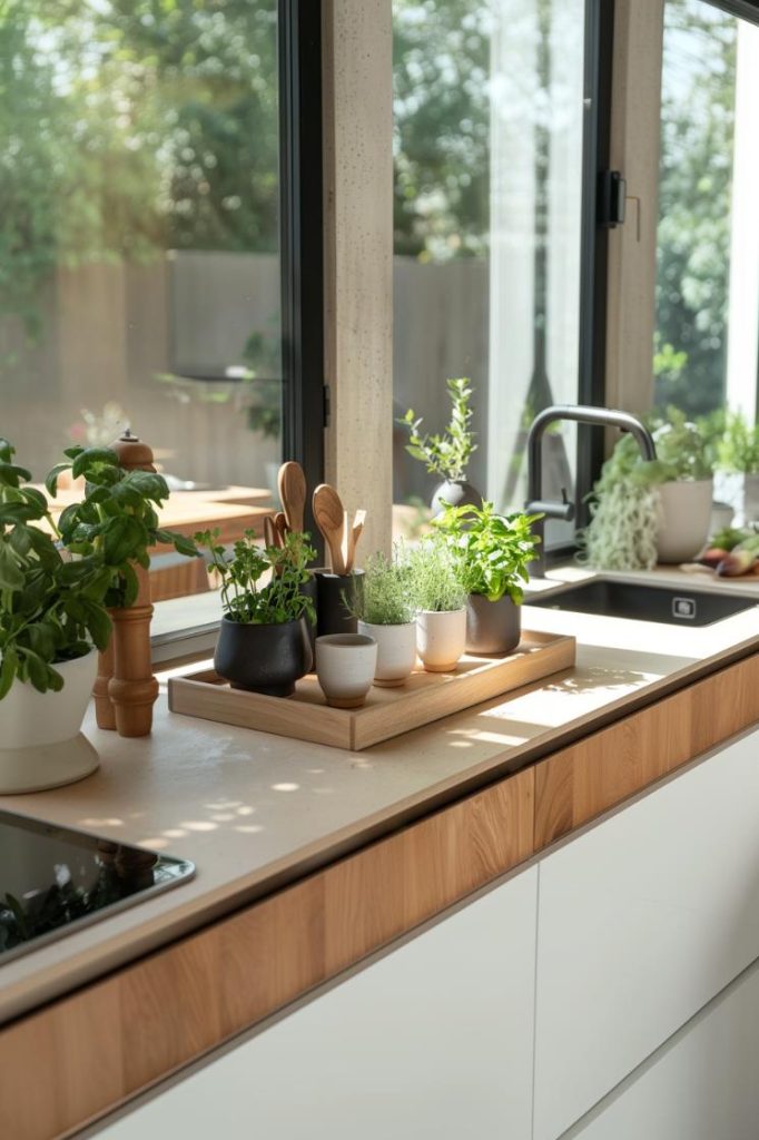 A Scandinavian inspired wooden shell display brings an organized serenity to a Nordic kitchen counter and shows pot herbs and wooden kitchen utensils.