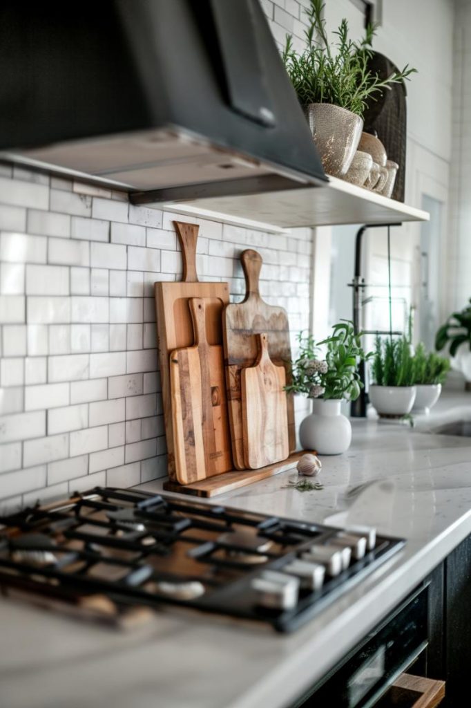 Several woodcut boards on the worktop lean into a relaxed stack on the tiled back splash, their layers offer warmth and proof of the love of cooking on the kitchen counter.