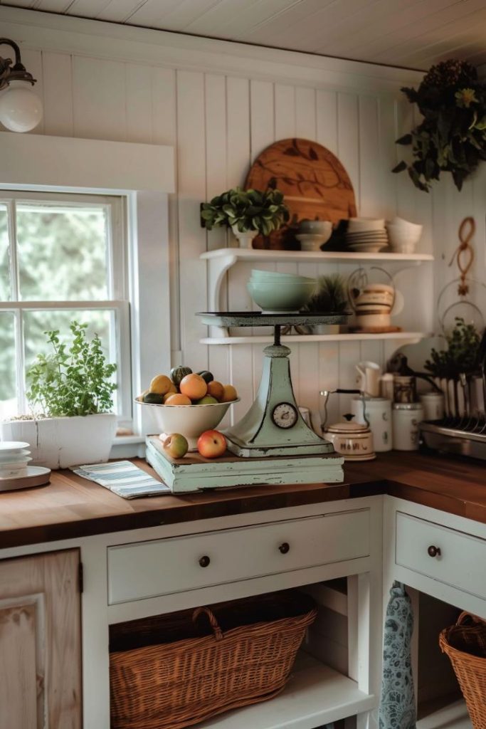 An enchanting kitchen shows a striking vintage scale, its patinated metal is proof of timeless charm and the love of culinary craftsmanship. It is a useful and unique decoration element for worktops.