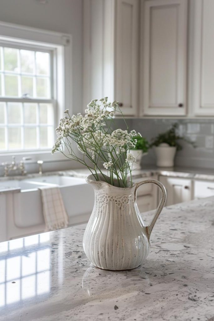 This ancient jug with fresh white flowers stands on the counter, its elegance throws a magic of beautiful timelessness in the kitchen.