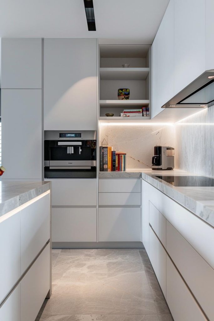 A versatile stack of cookbooks with different kitchens offers a color and creativity boost, the spines tell stories about global gastronomic adventures on the worktop.