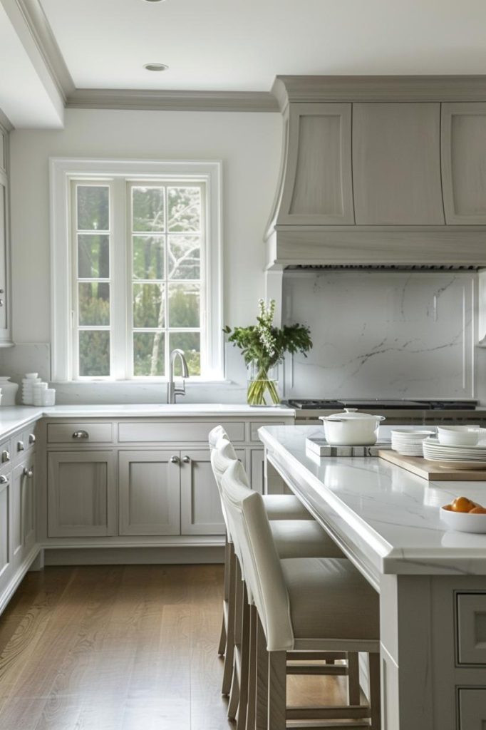 The monochromatic dishes are artistically arranged on this kitchen worktop, whereby its uniformity is beautifully incorporated into an meticulously elegant kitchen.