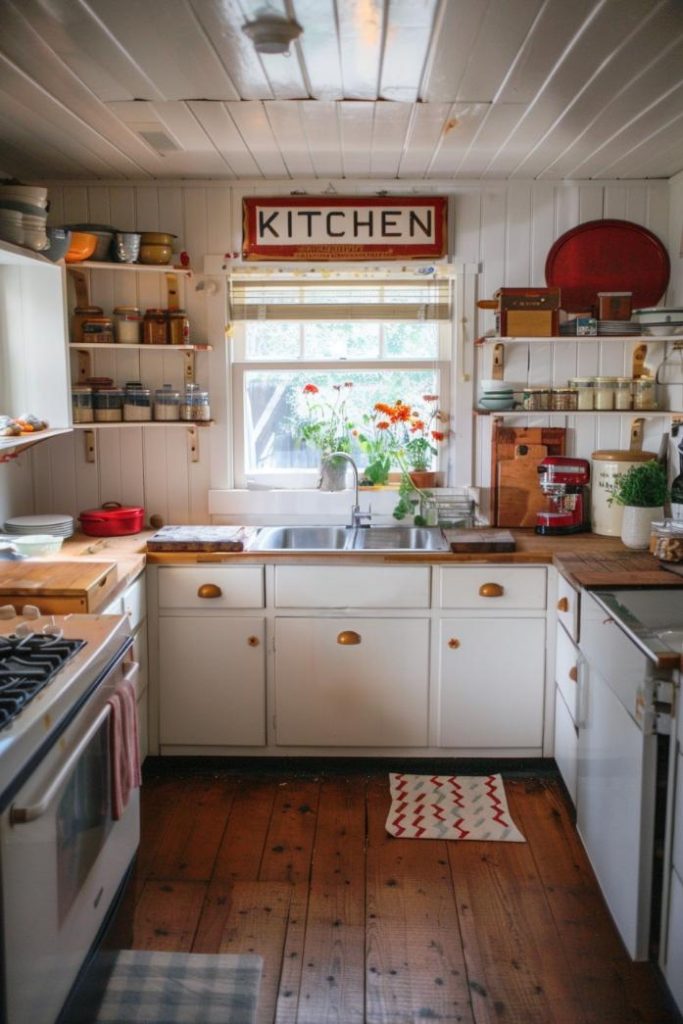 A red pot and a red mixer on the worktop give this vintage kitchen color and retro flair. The <a href=