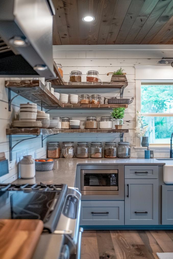 Mason glasses that go perfectly for farmhouse allure are orderly companions on the worktops of a kitchen with a rustic chic elegance.