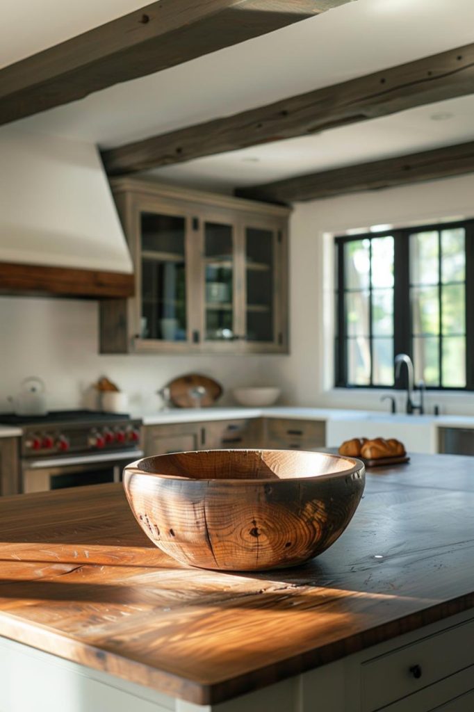 A rustic wooden dough shell centered on a farmhouse. It invites visions of bread production and baking.