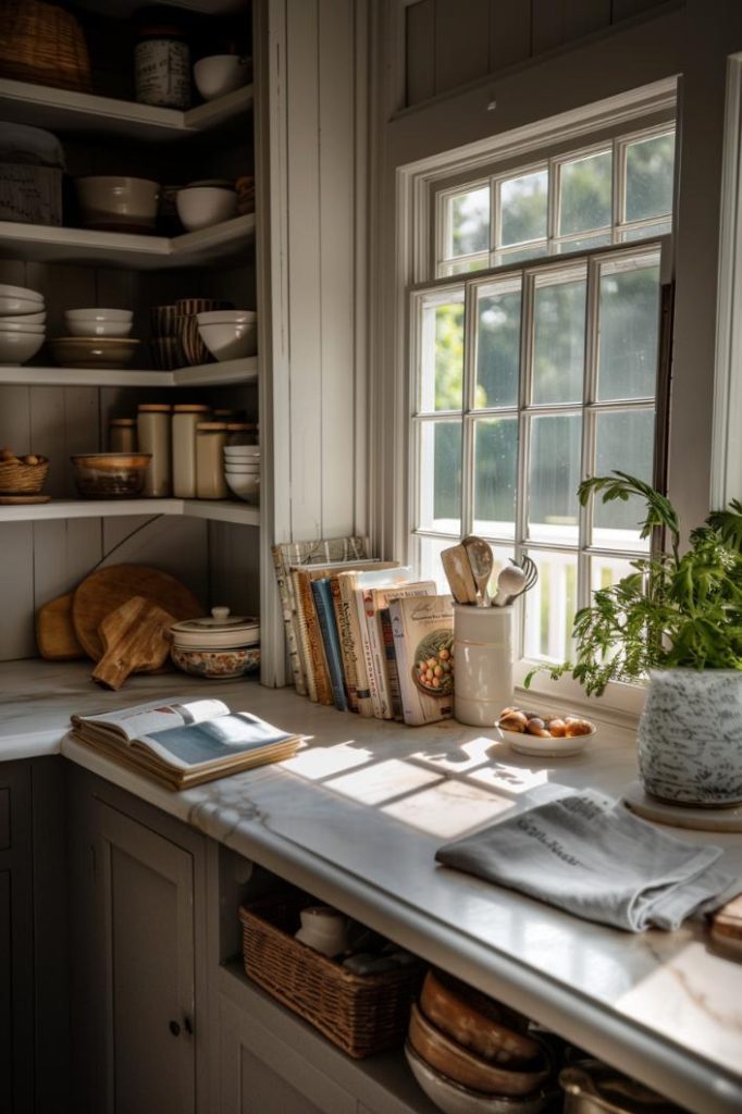 A collection of vintage cookbooks is in awe on the counter, with every spine promising centuries-old secrets in a classic style kitchen. You not only look good, but also useful!