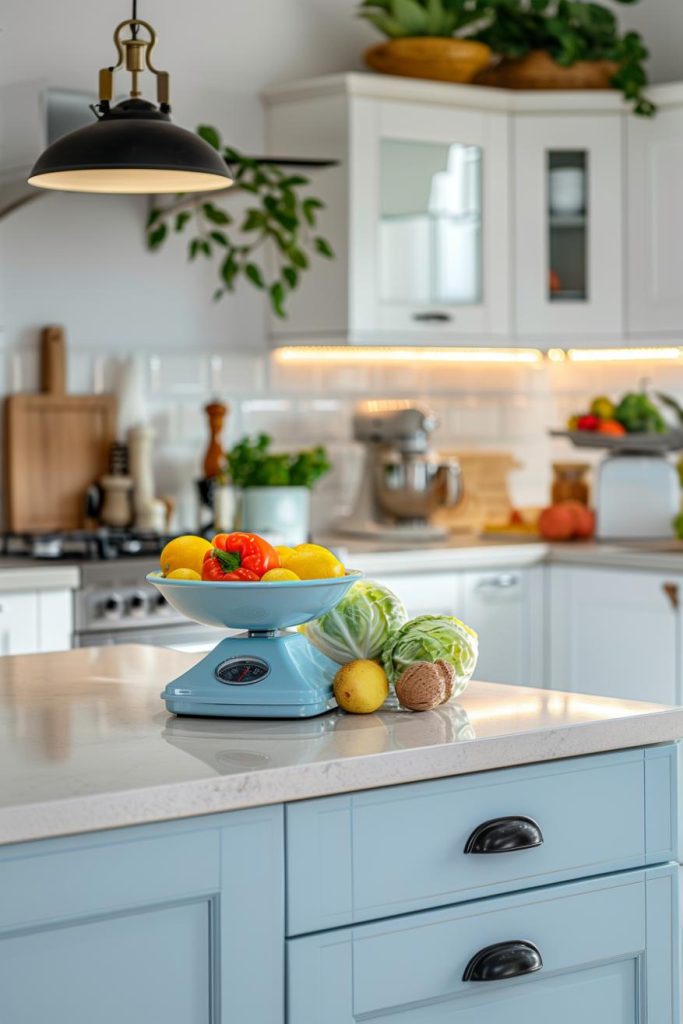 A unique and lively colored blue, modern kitchen scale adorns the worktop of a white kitchen with a presence, gives the room a lively decorative color and serves as a striking kitchen tool.