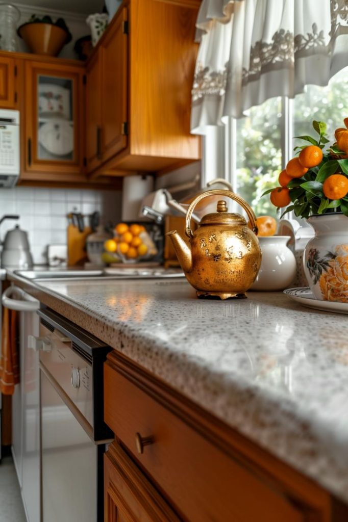 An antique brass teapot, brave and charismatic, serves as a striking decor for a simple worktop that infound the kitchen with retro splendor.