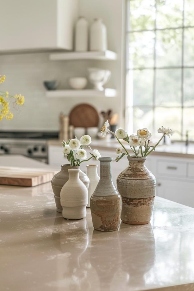 A accumulation of handmade ceramic vases in various neutral colors excitedly excited about the counter, each piece of proof of manual skills in creative cuisine.